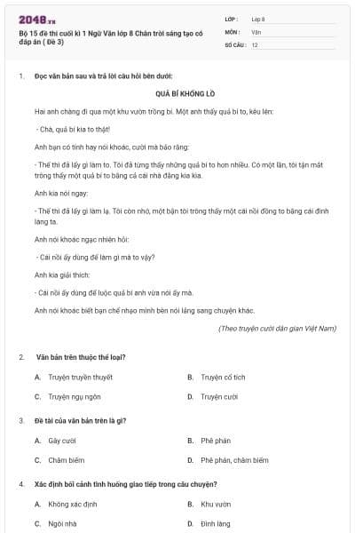 Bộ 15 đề thi cuối kì 1 Ngữ Văn lớp 8 Chân trời sáng tạo  có đáp án ( Đề 3)
