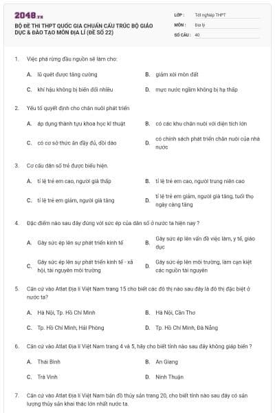 BỘ ĐỀ THI THPT QUỐC GIA CHUẨN CẤU TRÚC BỘ GIÁO DỤC & ĐÀO TẠO MÔN ĐỊA LÍ (ĐỀ SỐ 22)