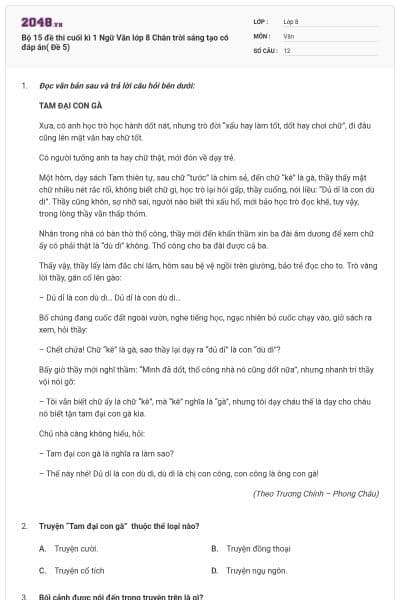 Bộ 15 đề thi cuối kì 1 Ngữ Văn lớp 8 Chân trời sáng tạo  có đáp án( Đề 5)