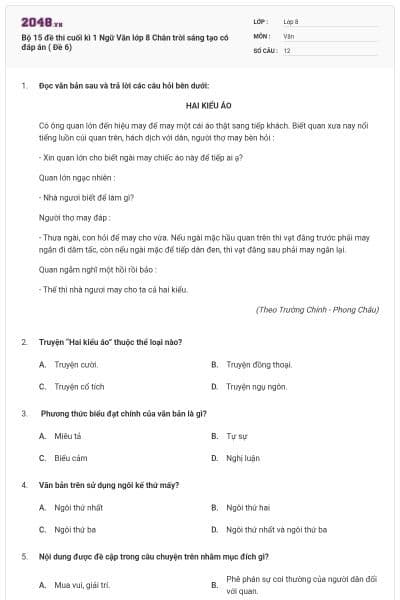 Bộ 15 đề thi cuối kì 1 Ngữ Văn lớp 8 Chân trời sáng tạo  có đáp án ( Đề 6)