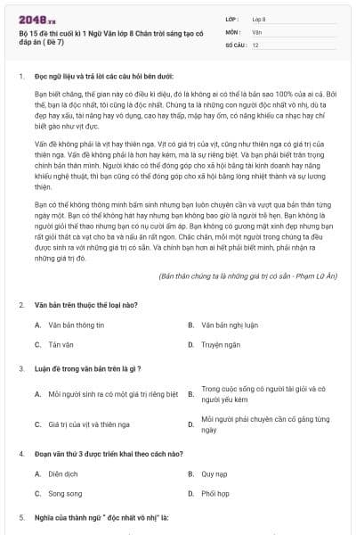 Bộ 15 đề thi cuối kì 1 Ngữ Văn lớp 8 Chân trời sáng tạo  có đáp án ( Đề 7)