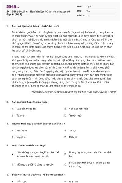 Bộ 15 đề thi cuối kì 1 Ngữ Văn lớp 8 Chân trời sáng tạo  có đáp án ( Đề 9)
