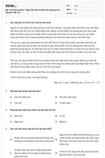 Bộ 15 đề thi cuối kì 1 Ngữ Văn lớp 8 Chân trời sáng tạo  có đáp án ( Đề 10)