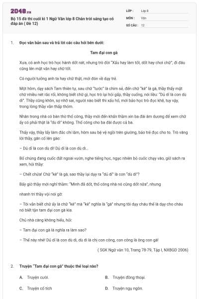 Bộ 15 đề thi cuối kì 1 Ngữ Văn lớp 8 Chân trời sáng tạo  có đáp án ( Đề 12)