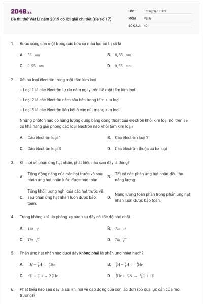 Đề thi thử Vật Lí năm 2019 có lời giải chi tiết (Đề số 17)