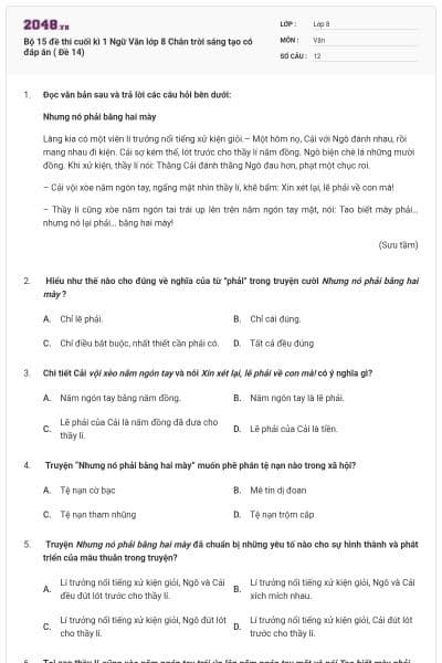 Bộ 15 đề thi cuối kì 1 Ngữ Văn lớp 8 Chân trời sáng tạo  có đáp án ( Đề 14)