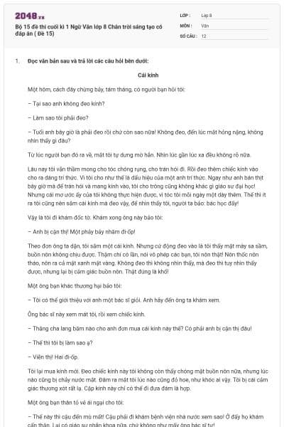 Bộ 15 đề thi cuối kì 1 Ngữ Văn lớp 8 Chân trời sáng tạo  có đáp án ( Đề 15)
