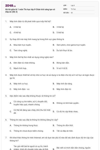 Đề thi giữa kì 1 môn Tin học lớp 8 Chân trời sáng tạo có đáp án (Đề 3)