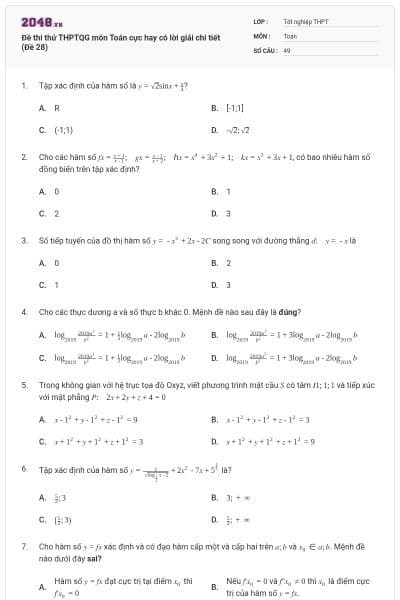 Đề thi thử THPTQG môn Toán cực hay có lời giải chi tiết (Đề 28)