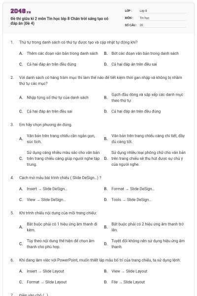 Đề thi giữa kì 2 môn Tin học lớp 8 Chân trời sáng tạo có đáp án (Đề 4)