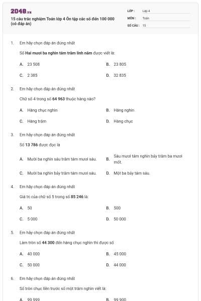 15 câu trắc nghiệm Toán lớp 4 Ôn tập các số đến 100 000 (có đáp án)