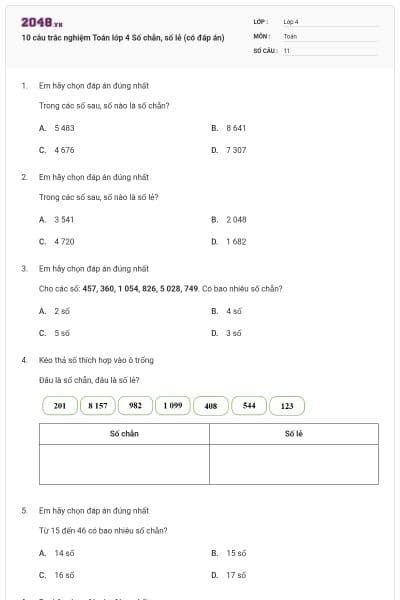 10 câu trắc nghiệm Toán lớp 4 Số chẵn, số lẻ (có đáp án)