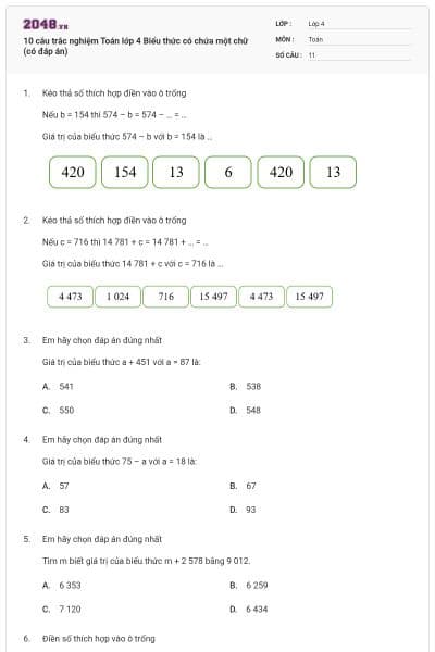 10 câu trắc nghiệm Toán lớp 4 Biểu thức có chứa một chữ (có đáp án)