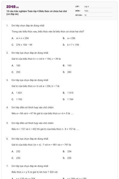 10 câu trắc nghiệm Toán lớp 4 Biểu thức có chứa hai chữ (có đáp án)