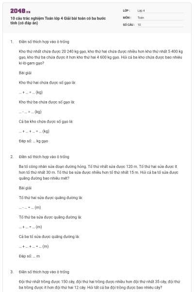 10 câu trắc nghiệm Toán lớp 4 Giải bài toán có ba bước tính (có đáp án)