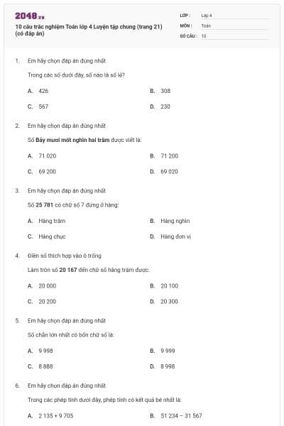 10 câu trắc nghiệm Toán lớp 4 Luyện tập chung (trang 21) (có đáp án)