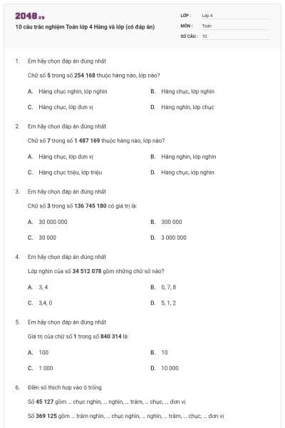 10 câu trắc nghiệm Toán lớp 4 Hàng và lớp (có đáp án)