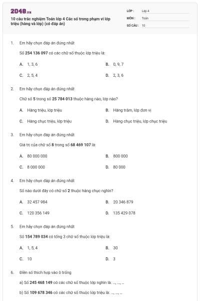 10 câu trắc nghiệm Toán lớp 4 Các số trong phạm vi lớp triệu (hàng và lớp) (có đáp án)