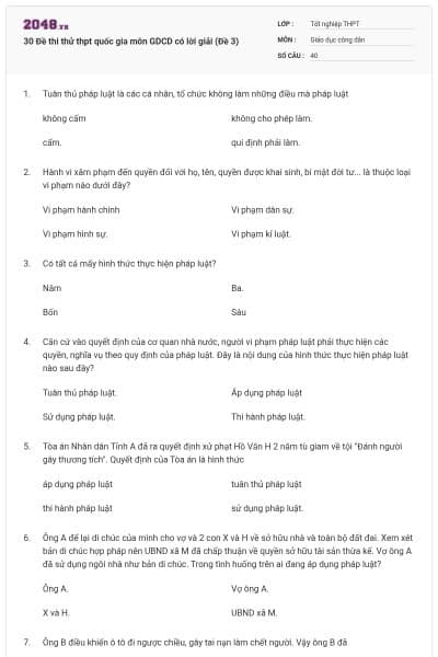 30 Đề thi thử thpt quốc gia môn GDCD có lời giải (Đề 3)
