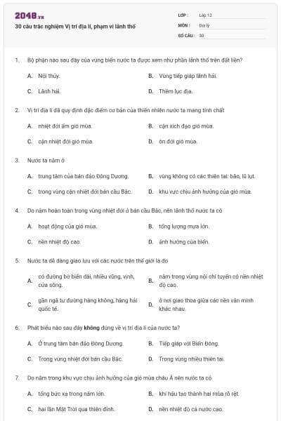30 câu trắc nghiệm Vị trí địa lí, phạm vi lãnh thổ