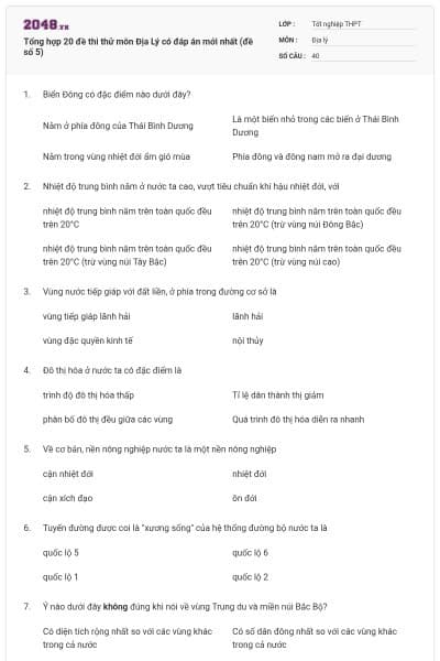 Tổng hợp 20 đề thi thử môn Địa Lý có đáp án mới nhất (đề số 5)