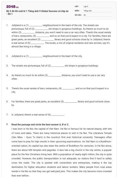 Bộ 5 đề thi cuối kì 1 Tiếng Anh 9 Global Success có đáp án - Đề 1