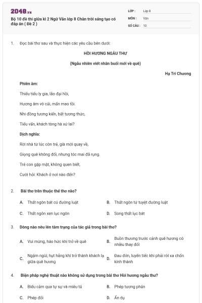 Bộ 10 đề thi giữa kì 2 Ngữ Văn lớp 8 Chân trời sáng tạo có đáp án ( Đề 2 )