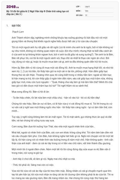 Bộ 10 đề thi giữa kì 2 Ngữ Văn lớp 8 Chân trời sáng tạo có đáp án ( Đề 3 )