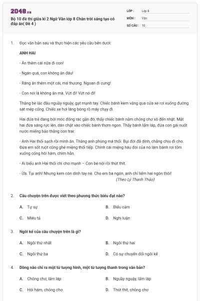 Bộ 10 đề thi giữa kì 2 Ngữ Văn lớp 8 Chân trời sáng tạo có đáp án( Đề 4 )