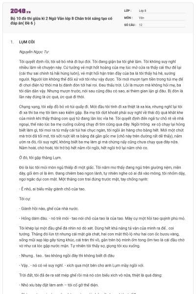 Bộ 10 đề thi giữa kì 2 Ngữ Văn lớp 8 Chân trời sáng tạo có đáp án( Đề 6 )