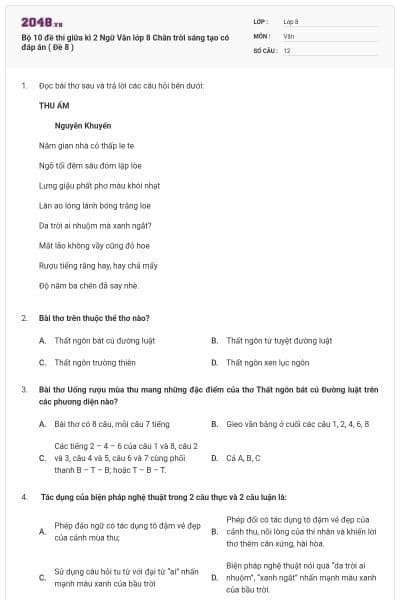 Bộ 10 đề thi giữa kì 2 Ngữ Văn lớp 8 Chân trời sáng tạo có đáp án ( Đề 8 )