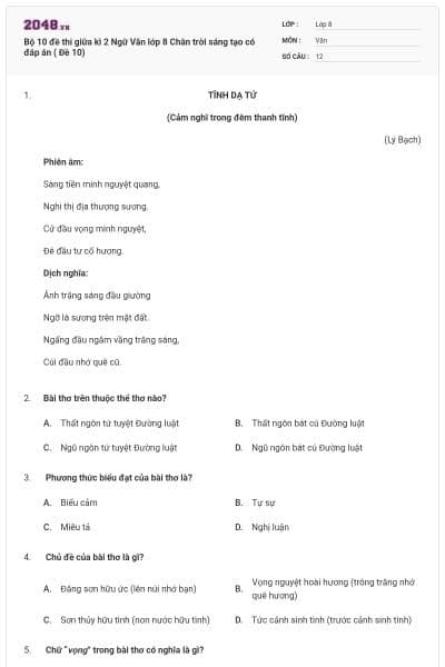 Bộ 10 đề thi giữa kì 2 Ngữ Văn lớp 8 Chân trời sáng tạo có đáp án ( Đề 10)