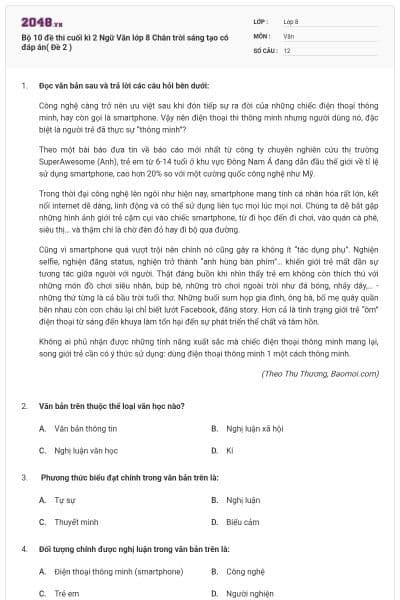 Bộ 10 đề thi cuối kì 2 Ngữ Văn lớp 8 Chân trời sáng tạo có đáp án( Đề 2 )