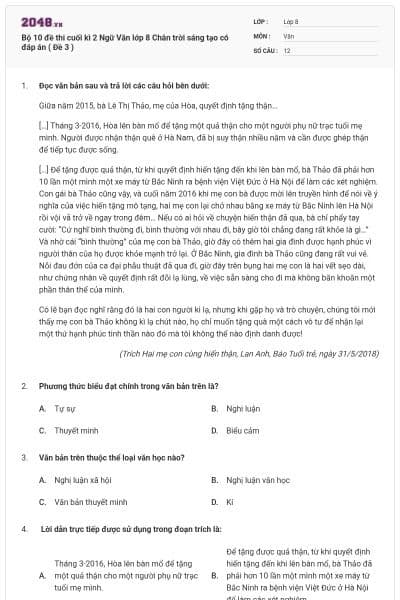 Bộ 10 đề thi cuối kì 2 Ngữ Văn lớp 8 Chân trời sáng tạo có đáp án ( Đề 3 )