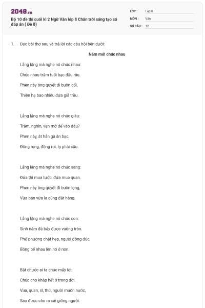 Bộ 10 đề thi cuối kì 2 Ngữ Văn lớp 8 Chân trời sáng tạo có đáp án ( Đề 8)