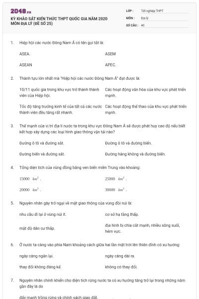 KỲ KHẢO SÁT KIẾN THỨC THPT QUỐC GIA NĂM 2020 MÔN ĐỊA LÝ (ĐỀ SỐ 25)