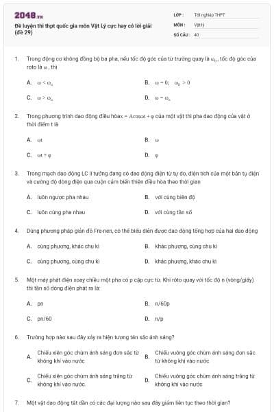 Đề luyện thi thpt quốc gia môn Vật Lý cực hay có lời giải (đề 29)