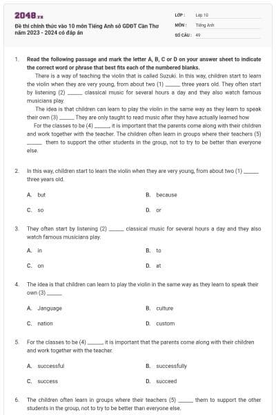 Đề thi chính thức vào 10 môn Tiếng Anh sở GDĐT Cần Thơ năm 2023 - 2024 có đáp án