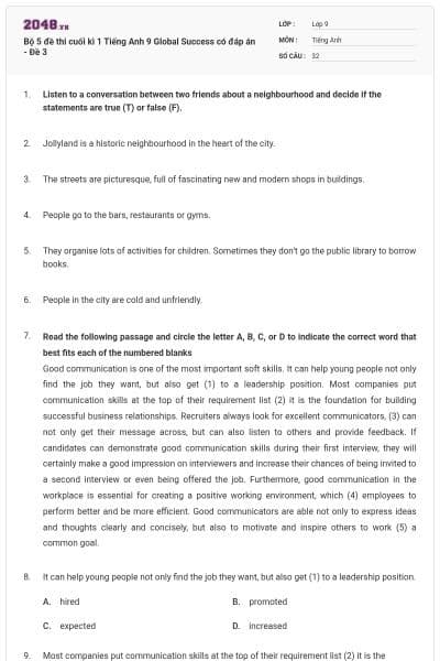 Bộ 5 đề thi cuối kì 1 Tiếng Anh 9 Global Success có đáp án - Đề 3