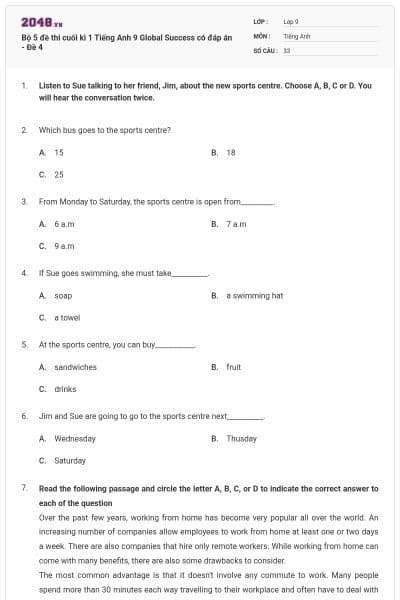 Bộ 5 đề thi cuối kì 1 Tiếng Anh 9 Global Success có đáp án - Đề 4