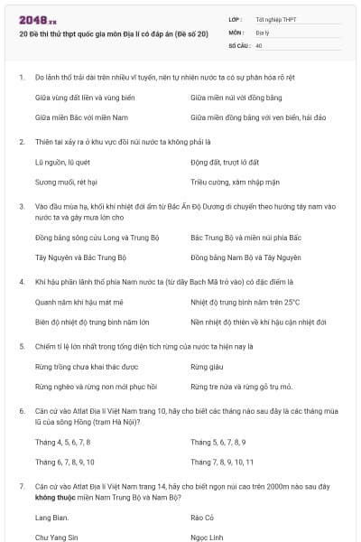 20 Đề thi thử thpt quốc gia môn Địa lí có đáp án (Đề số 20)