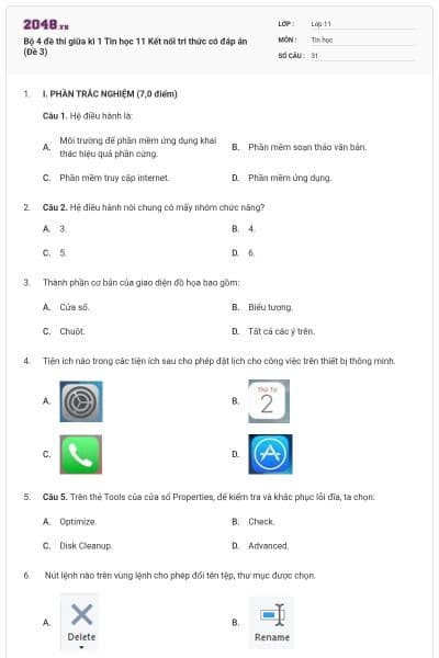 Bộ 4 đề thi giữa kì 1 Tin học 11 Kết nối tri thức có đáp án (Đề 3)