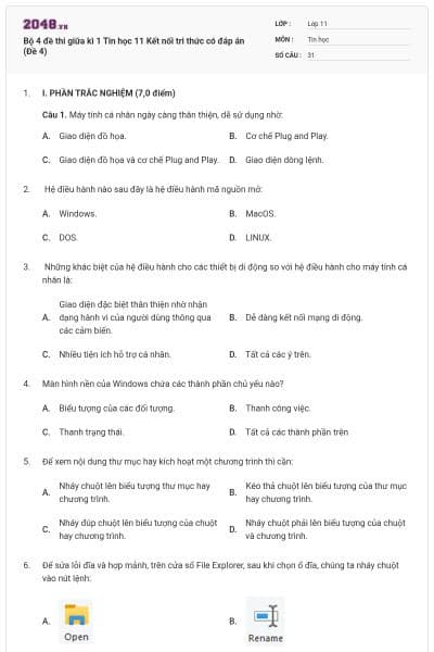 Bộ 4 đề thi giữa kì 1 Tin học 11 Kết nối tri thức có đáp án (Đề 4)