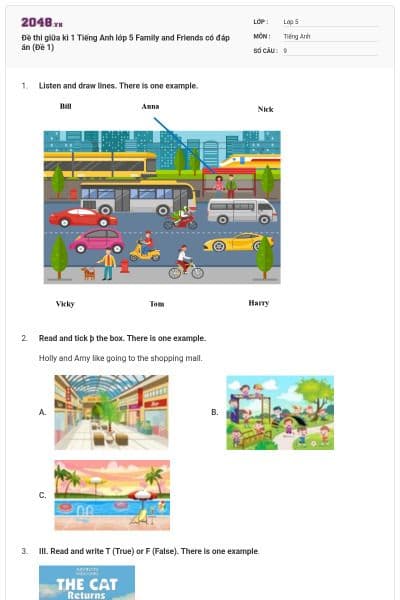 Đề thi giữa kì 1 Tiếng Anh lớp 5 Family and Friends có đáp án (Đề 1)