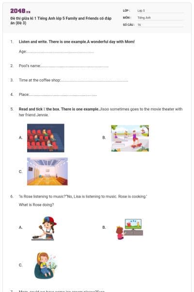 Đề thi giữa kì 1 Tiếng Anh lớp 5 Family and Friends có đáp án (Đề 3)