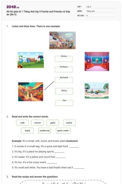 Đề thi giữa kì 1 Tiếng Anh lớp 5 Family and Friends có đáp án (Đề 5)