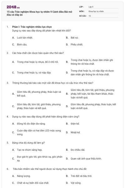 15 câu Trắc nghiệm Khoa học tự nhiên 9 Cánh diều Bài mở đầu có đáp án