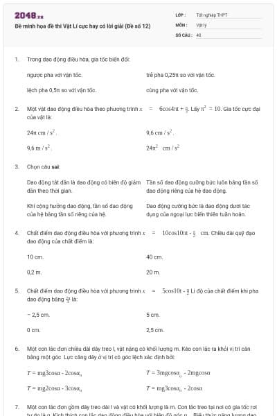 Đề minh họa đề thi Vật Lí cực hay có lời giải (Đề số 12)