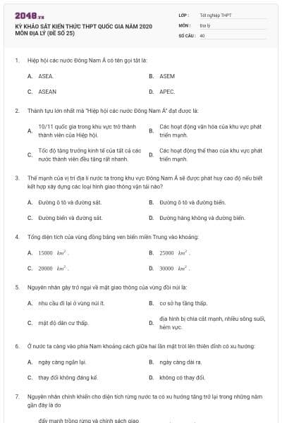 KỲ KHẢO SÁT KIẾN THỨC THPT QUỐC GIA NĂM 2020 MÔN ĐỊA LÝ (ĐỀ SỐ 25)