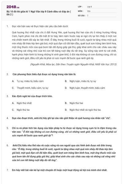 Bộ 10 đề thi giữa kì 1 Ngữ Văn lớp 8 Cánh diều có đáp án ( Đề 2 )